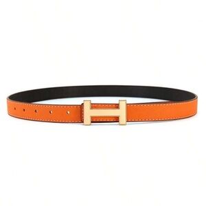 Size 110-women’s designer inspired H Buckle Reversible Leather Belt in Orange